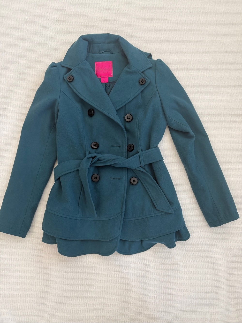 Pink Envelope Teal Double-Breasted Belted Pea Coat Small